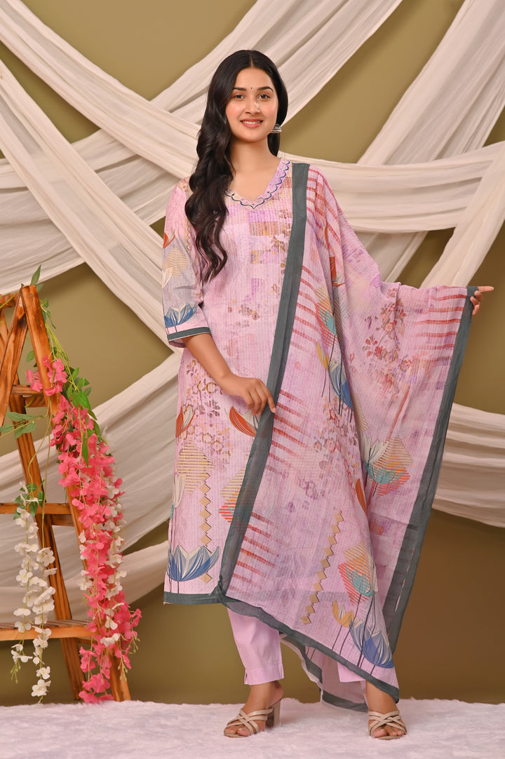 Lavender and Pista Green Cotton Kurta Set with V-Neck & 3/4 Sleeves