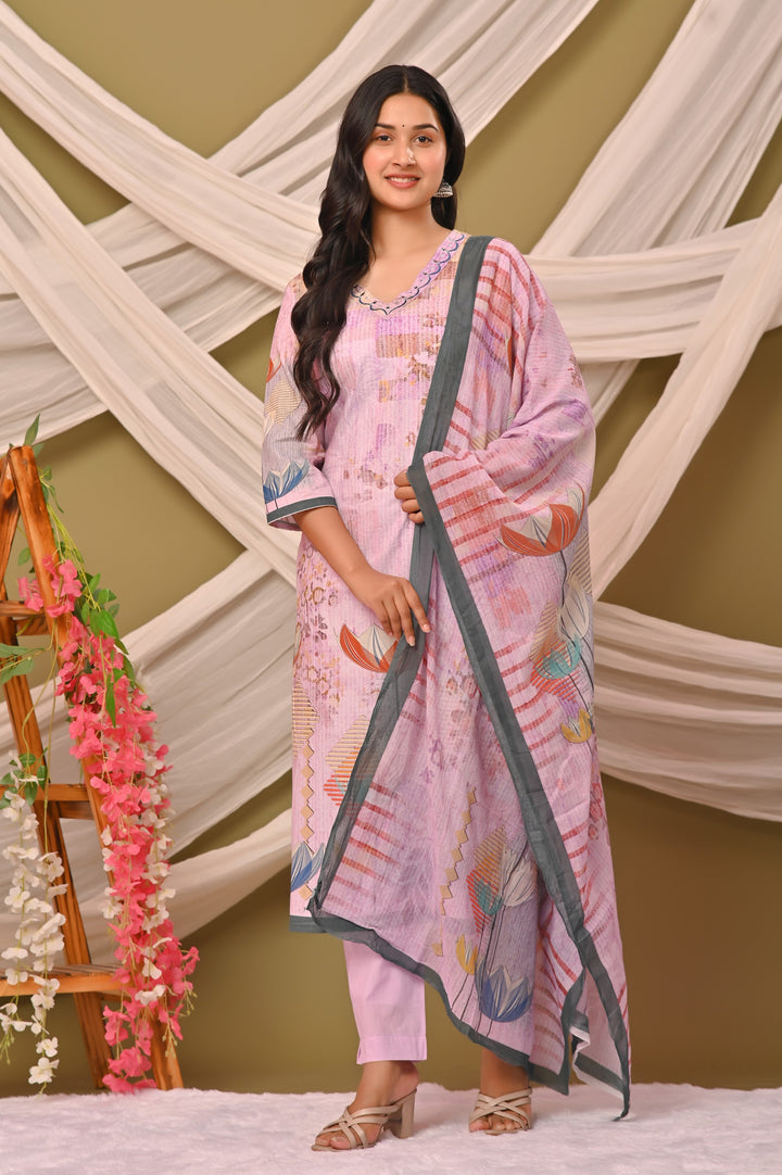 Lavender and Pista Green Cotton Kurta Set with V-Neck & 3/4 Sleeves