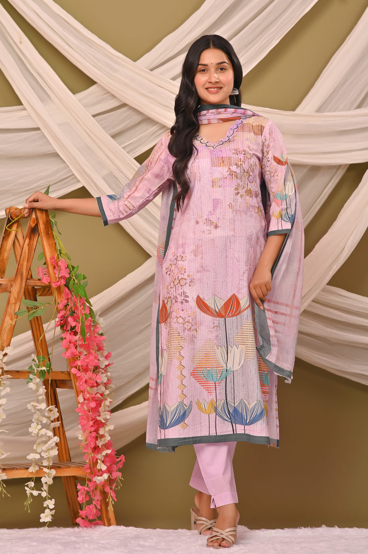 Lavender and Pista Green Cotton Kurta Set with V-Neck & 3/4 Sleeves