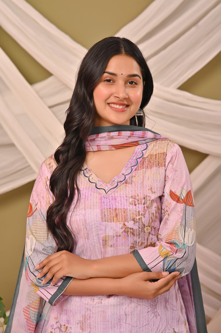 Lavender and Pista Green Cotton Kurta Set with V-Neck & 3/4 Sleeves