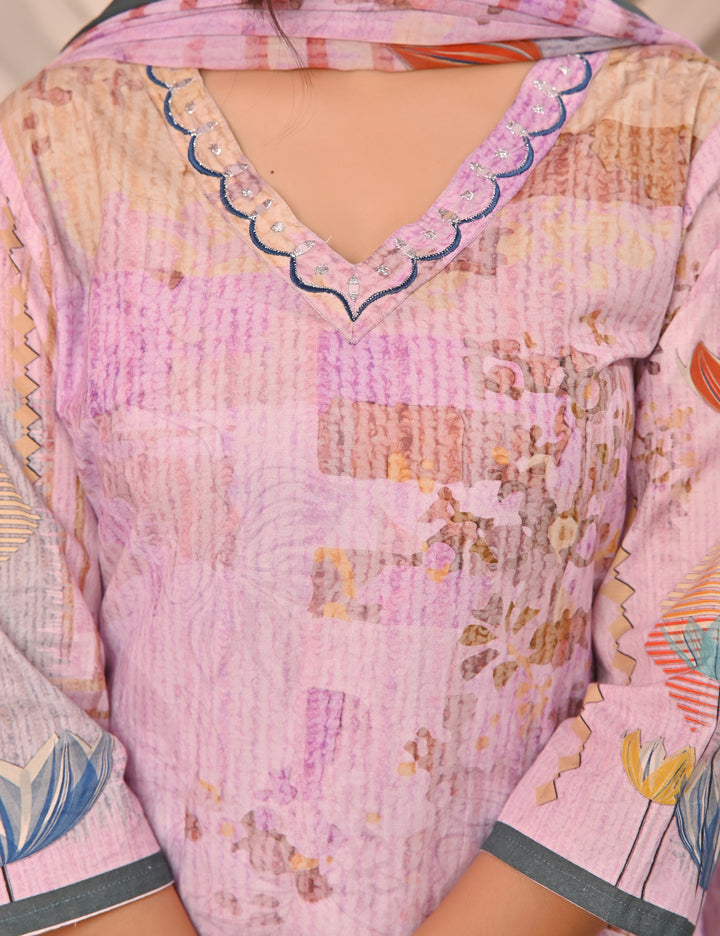 Lavender and Pista Green Cotton Kurta Set with V-Neck & 3/4 Sleeves