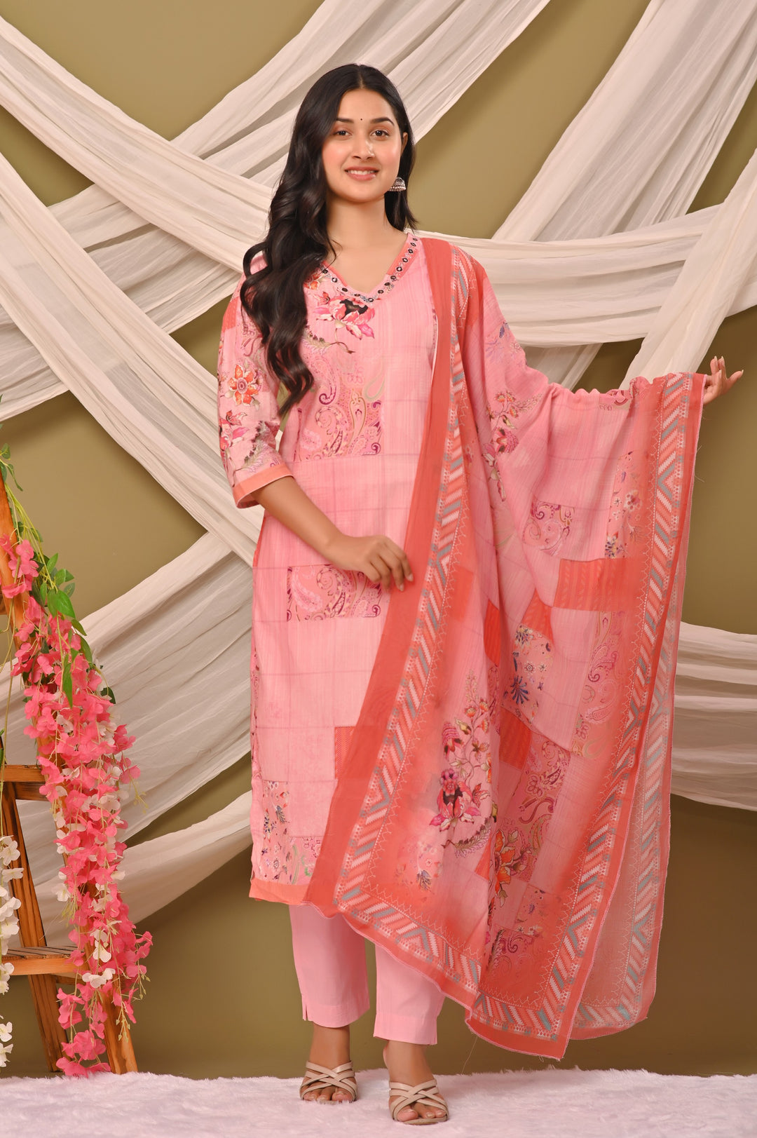 Elegant Cotton Kurta Set with V-Neck & 3/4 Sleeves – Green, Pista Green & Pink