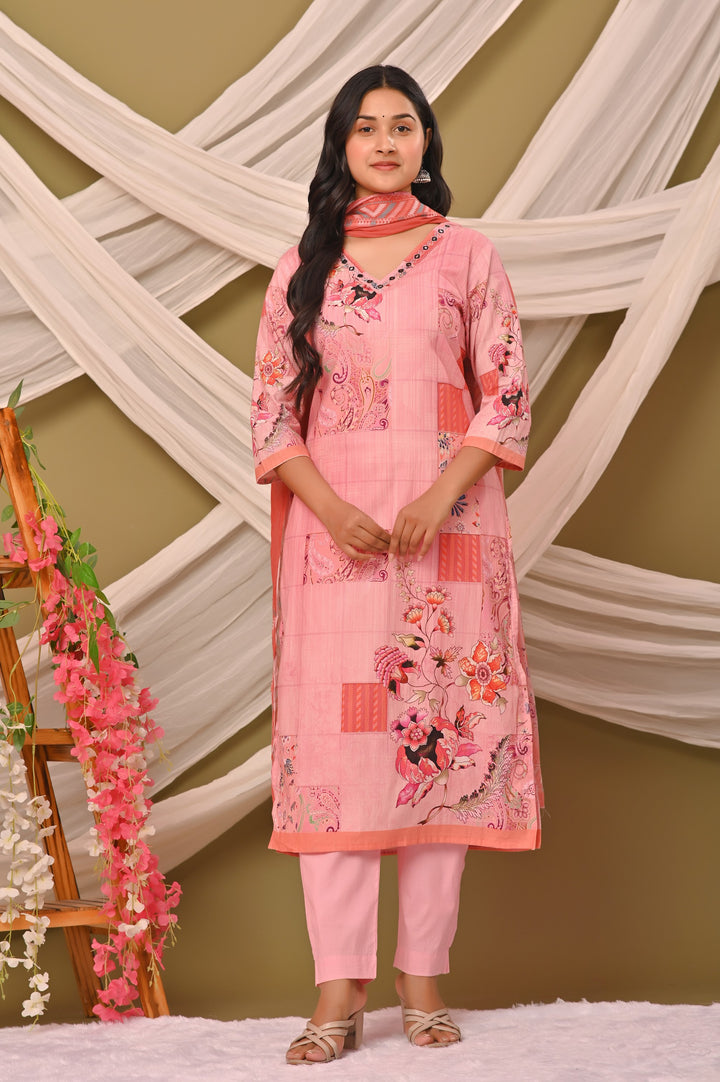 Elegant Cotton Kurta Set with V-Neck & 3/4 Sleeves – Green, Pista Green & Pink