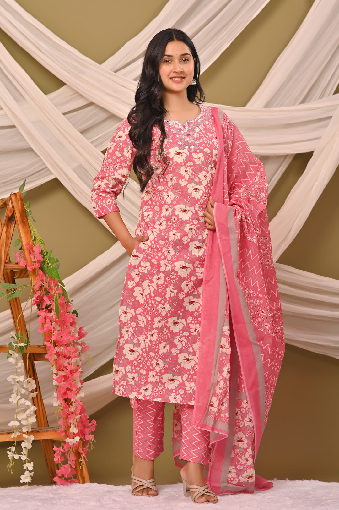 Straight Fit Cotton Kurta Set with Sweetheart Neck & 3/4 Sleeves – Blue, Purple & Pink