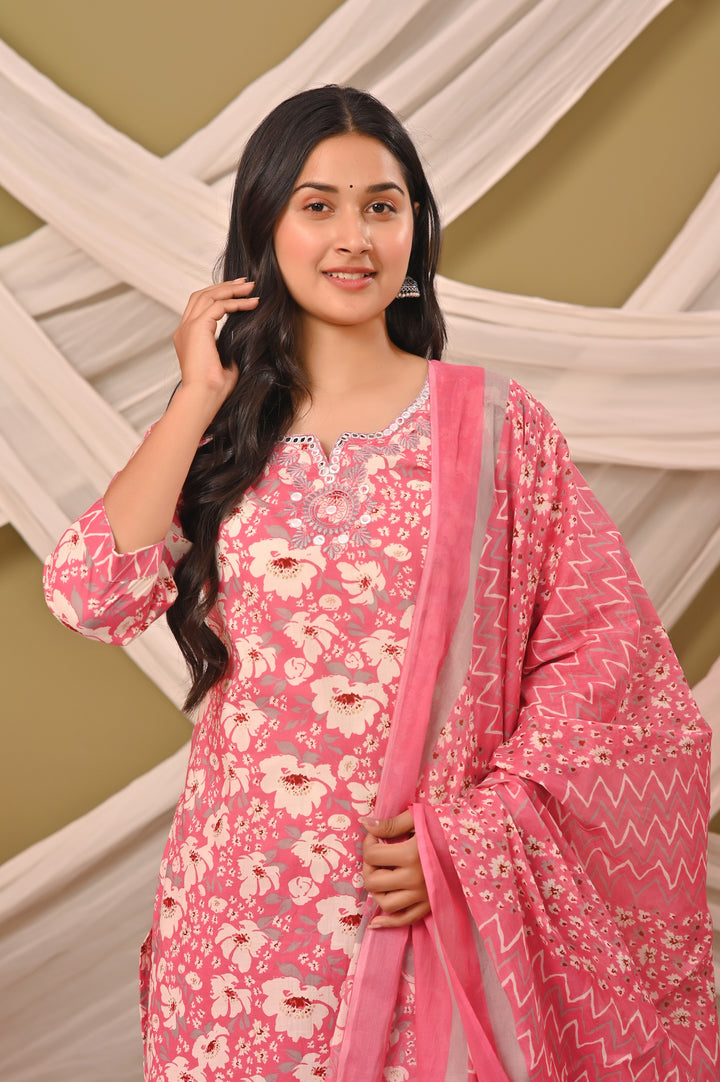 Straight Fit Cotton Kurta Set with Sweetheart Neck & 3/4 Sleeves – Blue, Purple & Pink