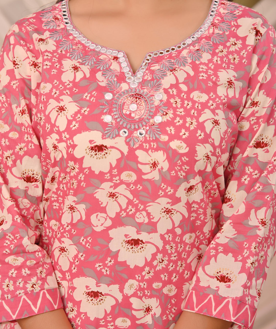 Straight Fit Cotton Kurta Set with Sweetheart Neck & 3/4 Sleeves – Blue, Purple & Pink