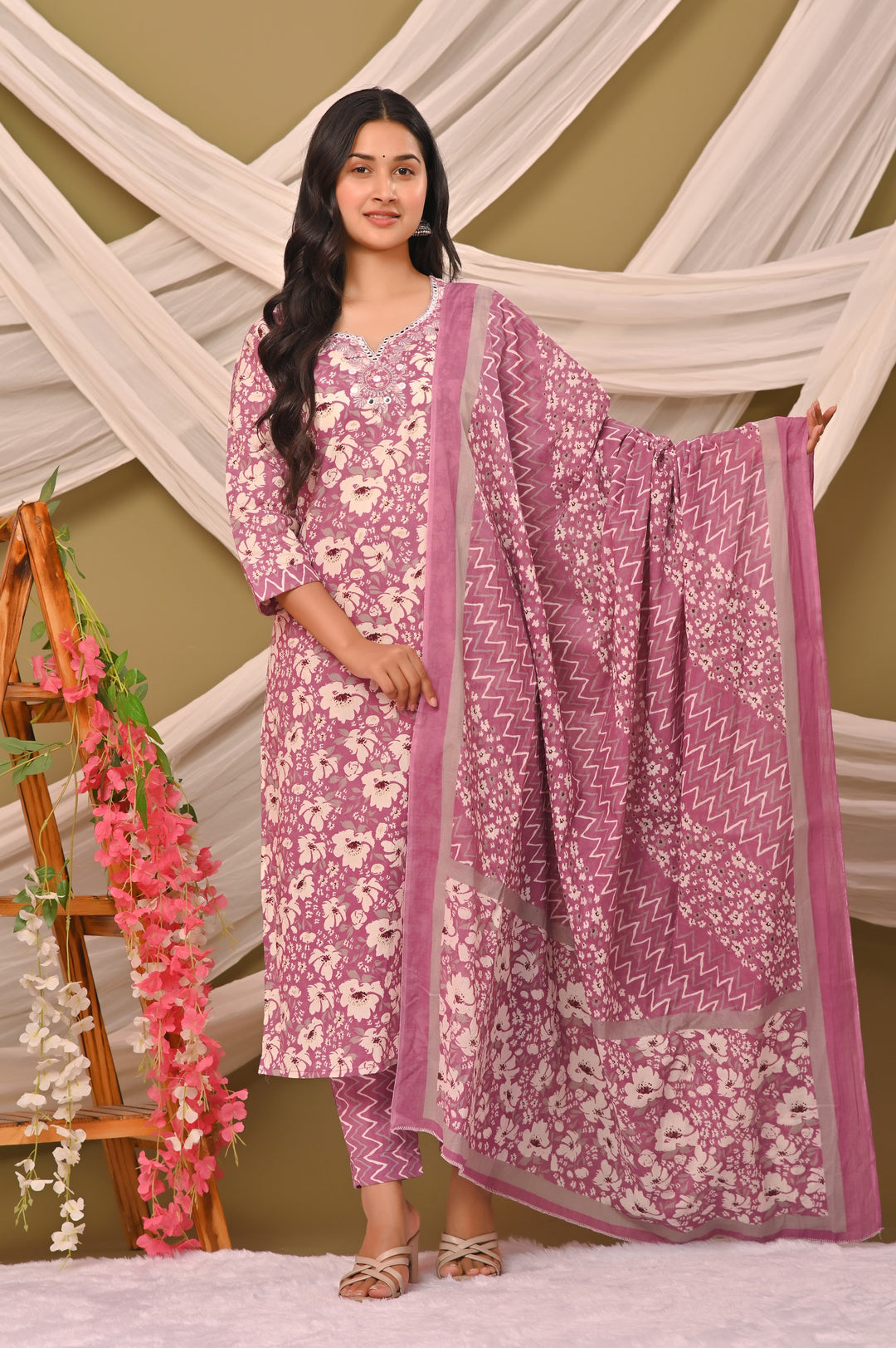 Straight Fit Cotton Kurta Set with Sweetheart Neck & 3/4 Sleeves – Blue, Purple & Pink
