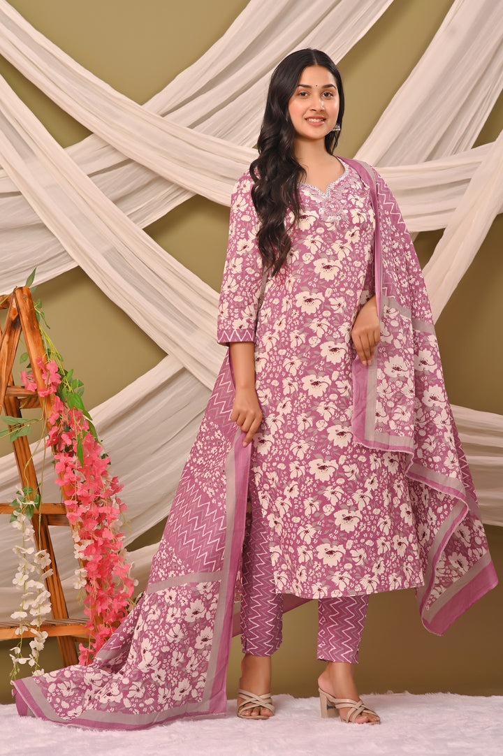 Straight Fit Cotton Kurta Set with Sweetheart Neck & 3/4 Sleeves – Blue, Purple & Pink