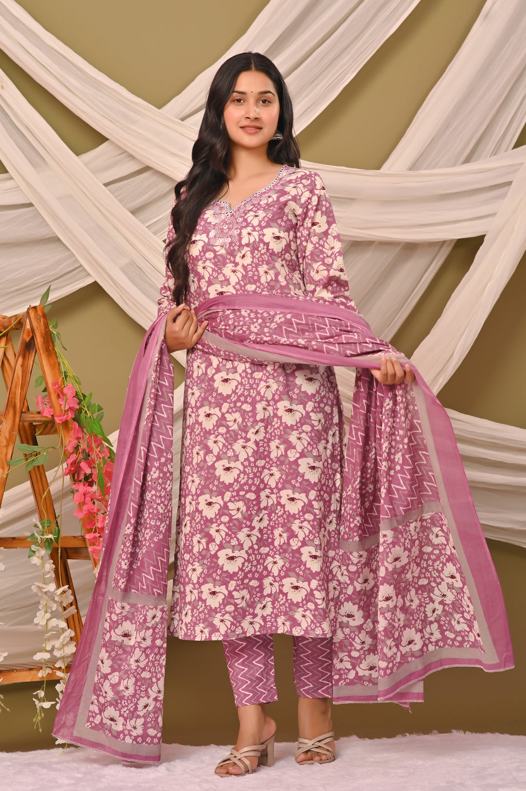 Straight Fit Cotton Kurta Set with Sweetheart Neck & 3/4 Sleeves – Blue, Purple & Pink