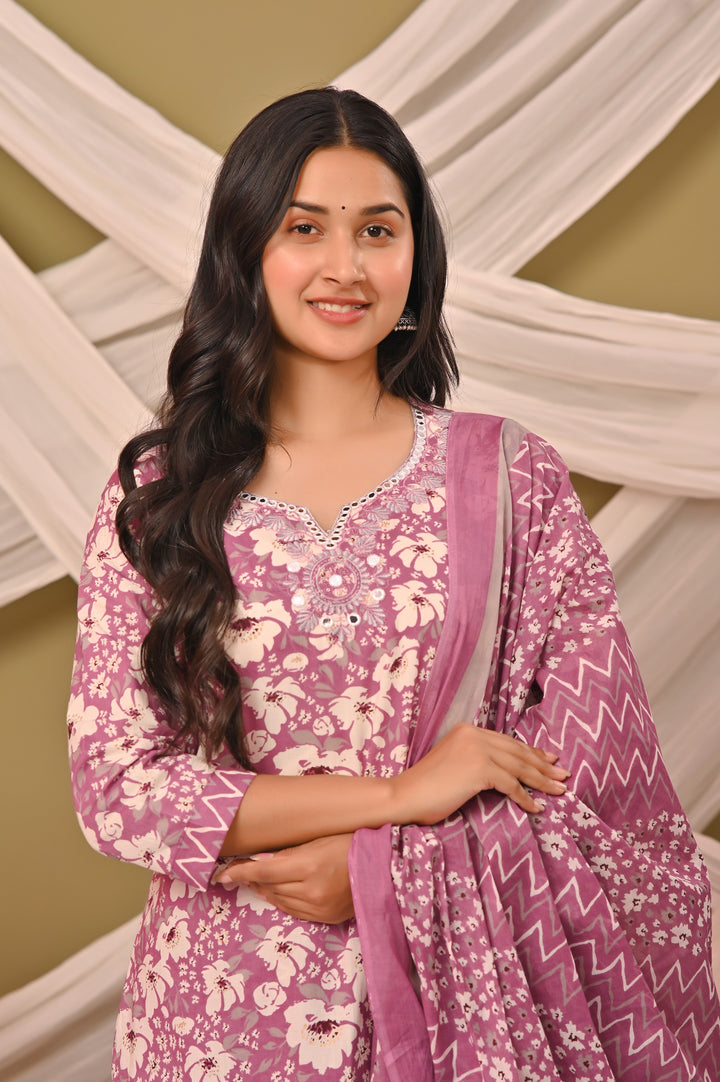 Straight Fit Cotton Kurta Set with Sweetheart Neck & 3/4 Sleeves – Blue, Purple & Pink