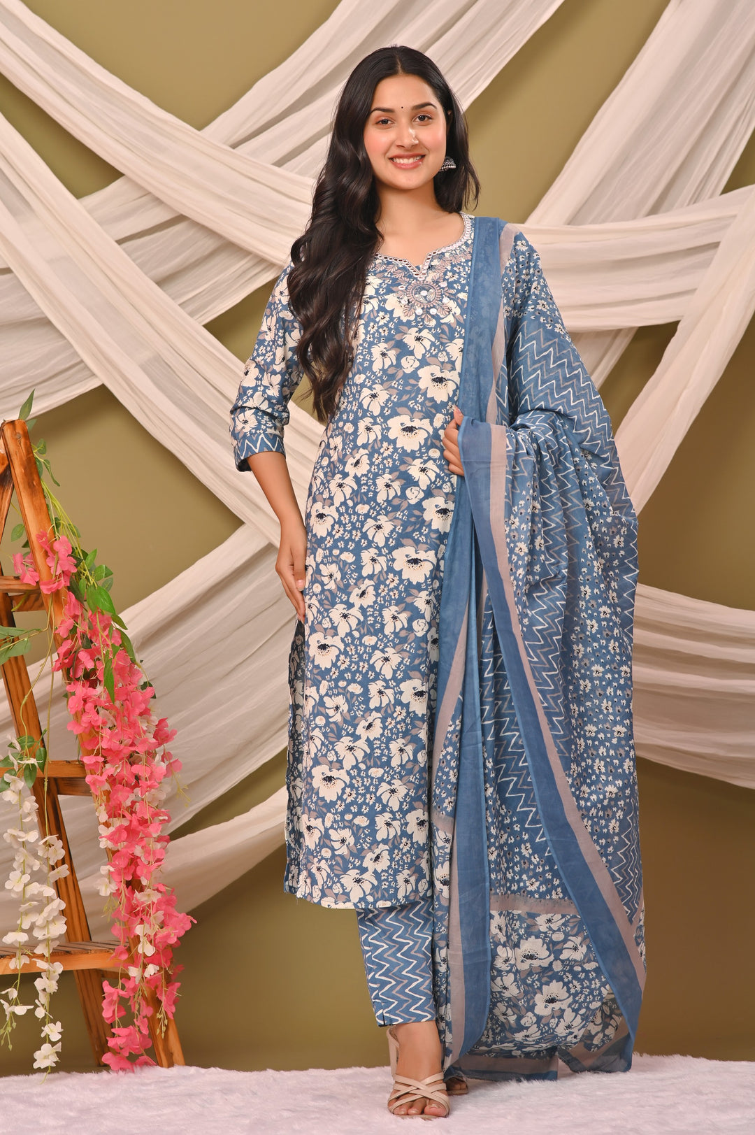 Straight Fit Cotton Kurta Set with Sweetheart Neck & 3/4 Sleeves – Blue, Purple & Pink