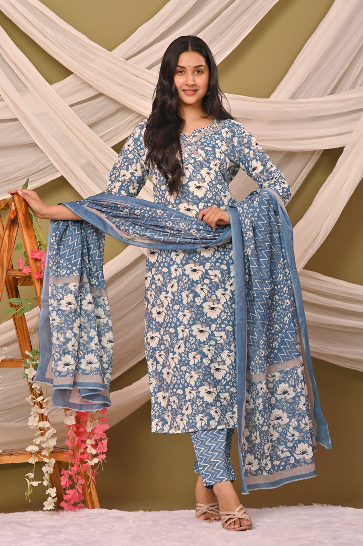 Straight Fit Cotton Kurta Set with Sweetheart Neck & 3/4 Sleeves – Blue, Purple & Pink