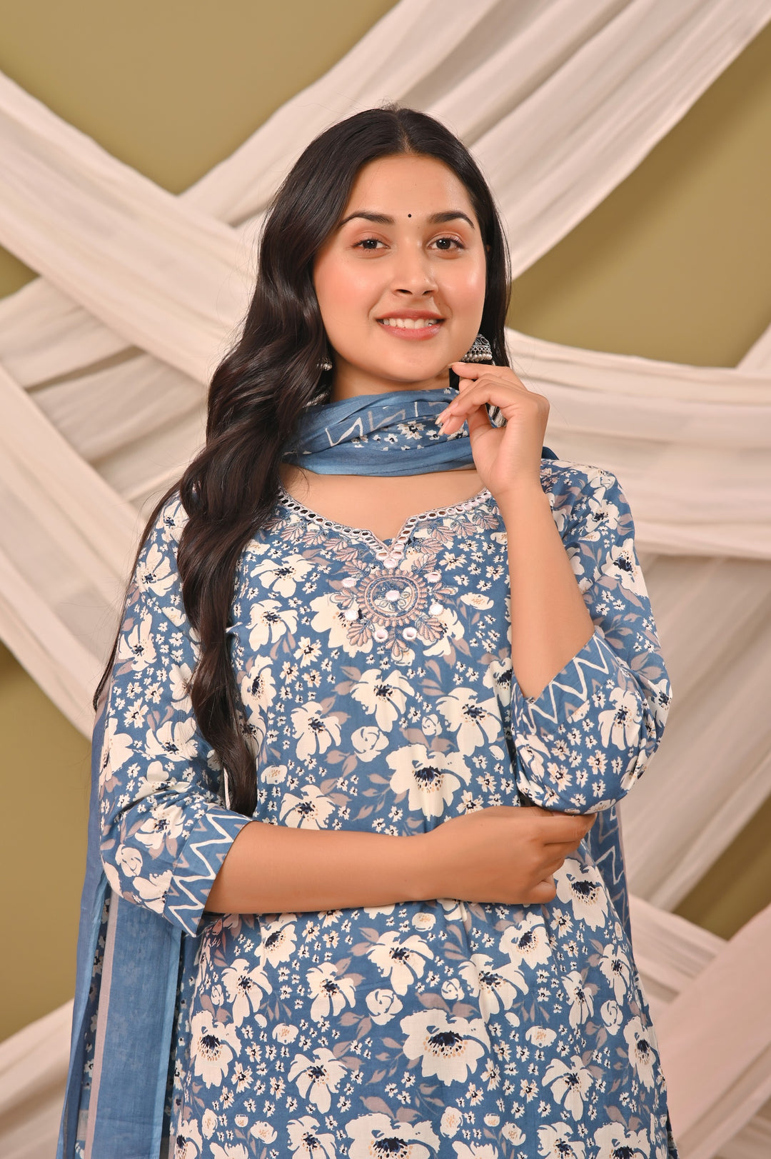 Straight Fit Cotton Kurta Set with Sweetheart Neck & 3/4 Sleeves – Blue, Purple & Pink