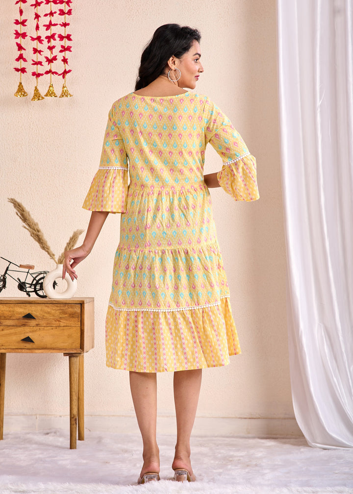 Ethnic Cotton Tunic Set - Embroidered Tiered Sleeves in Yellow & Green