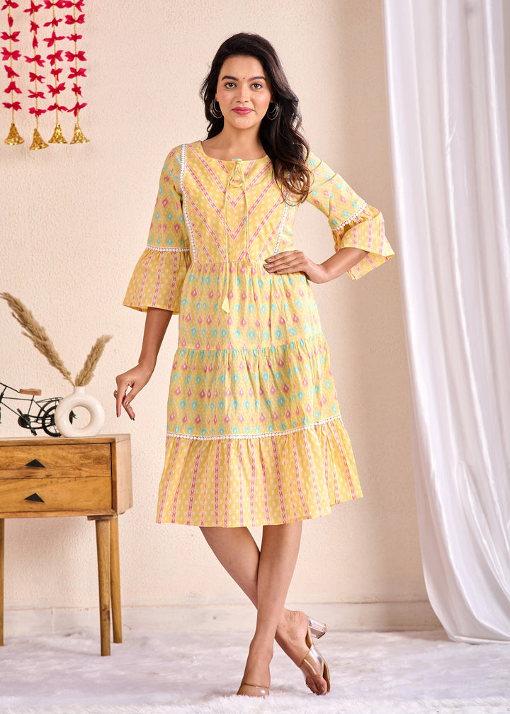 Ethnic Cotton Tunic Set - Embroidered Tiered Sleeves in Yellow & Green