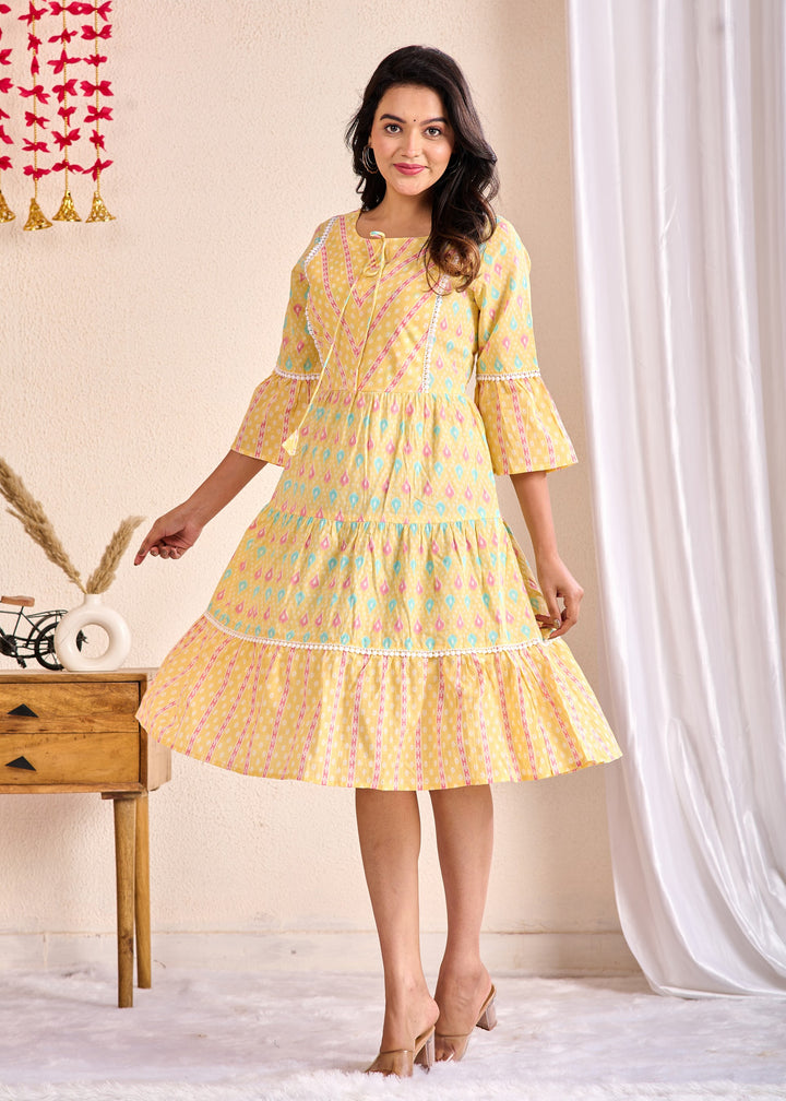 Ethnic Cotton Tunic Set - Embroidered Tiered Sleeves in Yellow & Green