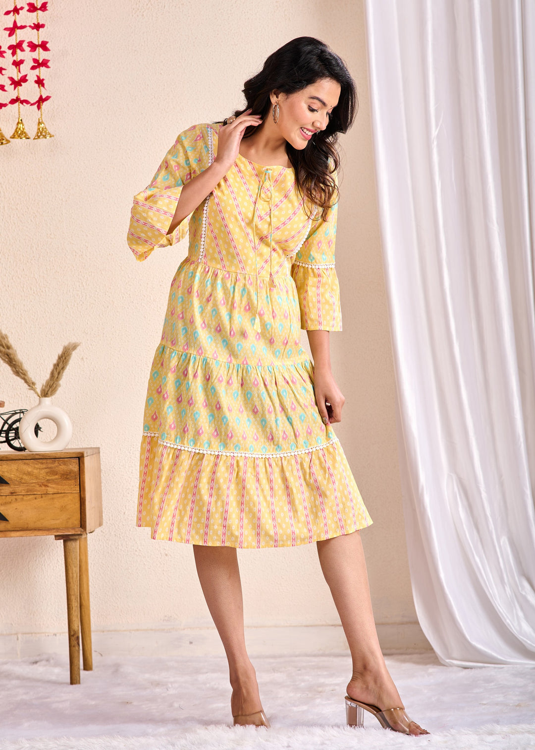 Ethnic Cotton Tunic Set - Embroidered Tiered Sleeves in Yellow & Green