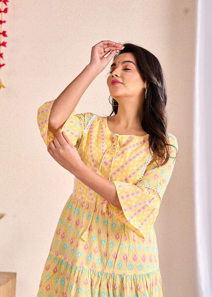 Ethnic Cotton Tunic Set - Embroidered Tiered Sleeves in Yellow & Green