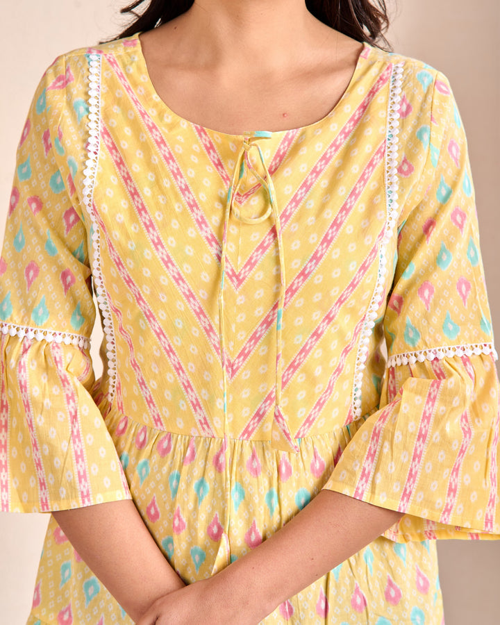 Ethnic Cotton Tunic Set - Embroidered Tiered Sleeves in Yellow & Green