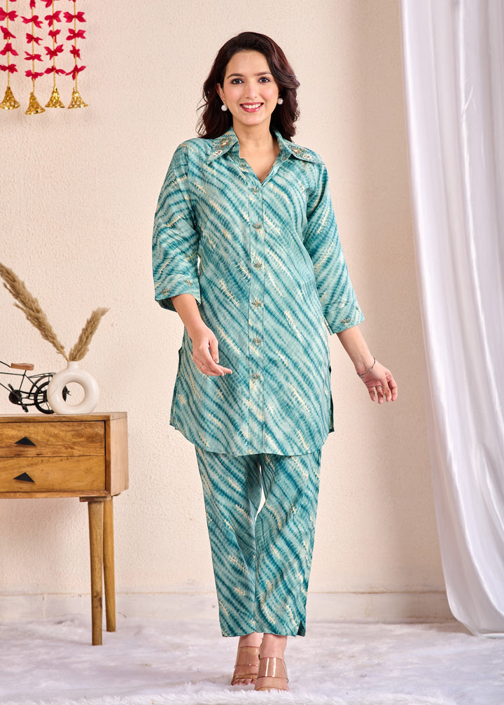 Cotton Western Wear Co-Ord Set – 2 Piece Set with Piping Detail (Teal, Pink) – Available in M, L, XL, XXL