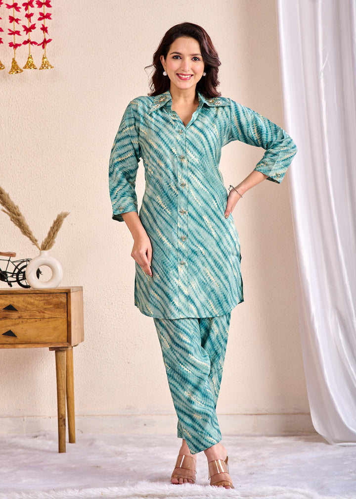 Cotton Western Wear Co-Ord Set – 2 Piece Set with Piping Detail (Teal, Pink) – Available in M, L, XL, XXL