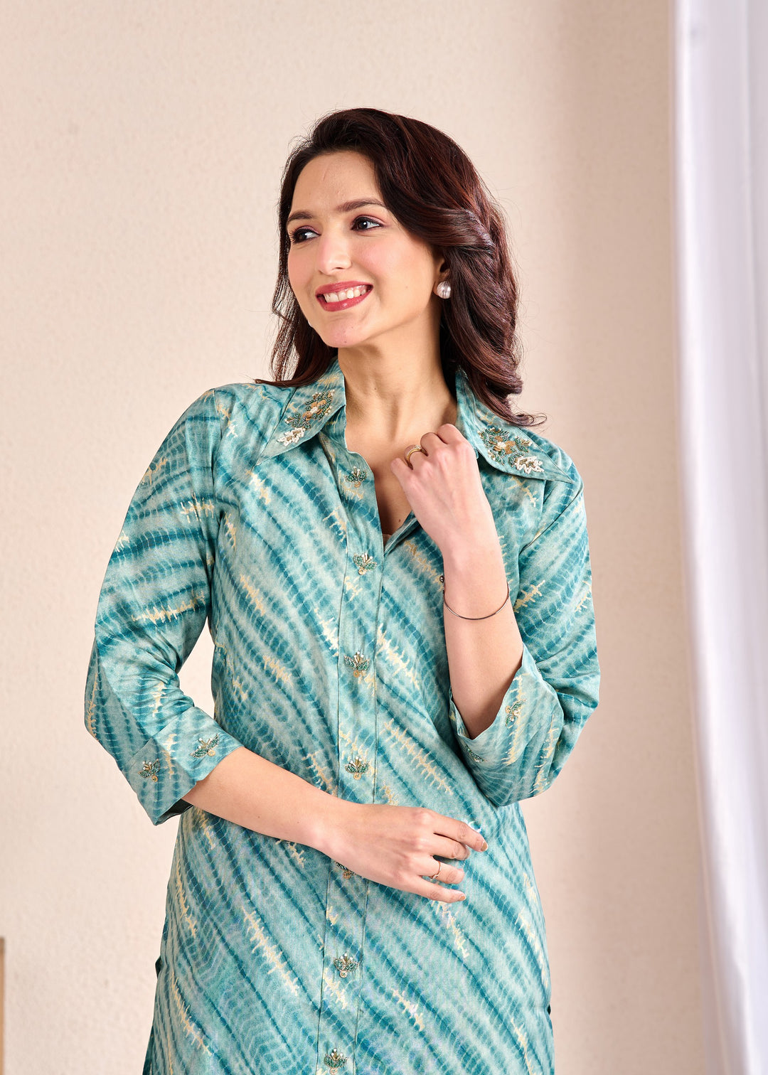 Cotton Western Wear Co-Ord Set – 2 Piece Set with Piping Detail (Teal, Pink) – Available in M, L, XL, XXL