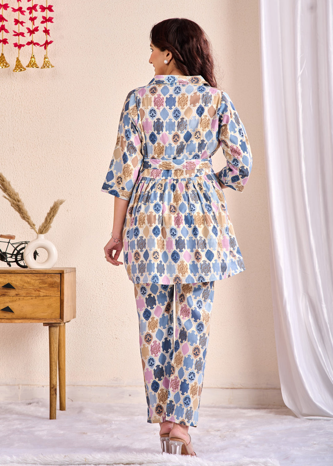 Elegant Cotton Co-Ord Set – 2-Piece Stylish Outfit with Shirt Collar, Half Sleeves, Pin Clip in Sea Green, Grey & Pink