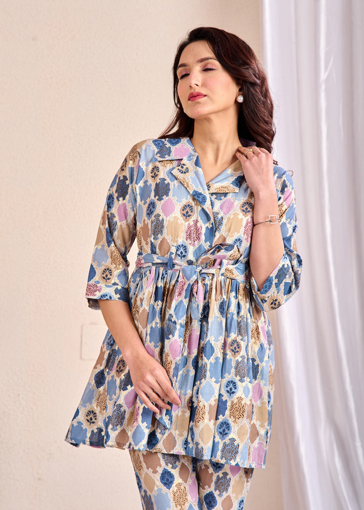 Elegant Cotton Co-Ord Set – 2-Piece Stylish Outfit with Shirt Collar, Half Sleeves, Pin Clip in Sea Green, Grey & Pink