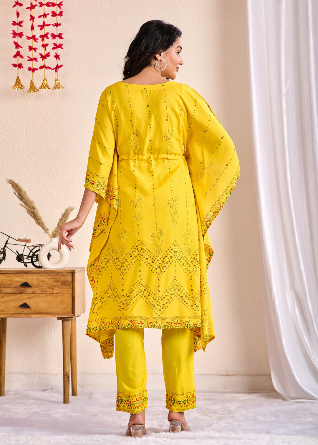 Western Wear Cotton Kaftan Kurta Set – Yellow with Zari, Mirror & Thread Work | 2-Piece Set
