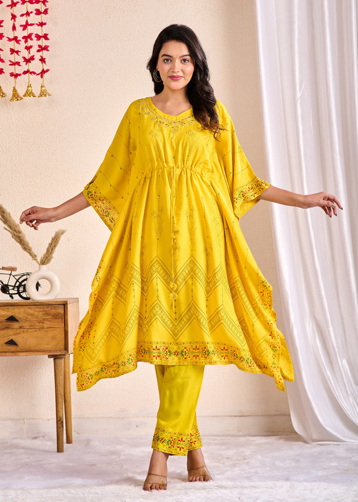 Western Wear Cotton Kaftan Kurta Set – Yellow with Zari, Mirror & Thread Work | 2-Piece Set