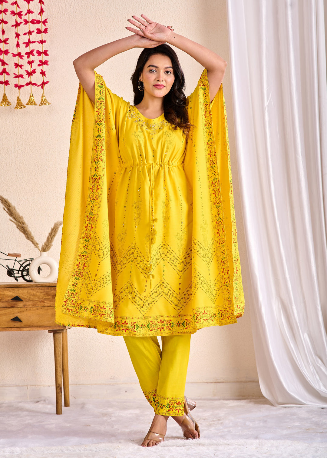 Western Wear Cotton Kaftan Kurta Set – Yellow with Zari, Mirror & Thread Work | 2-Piece Set