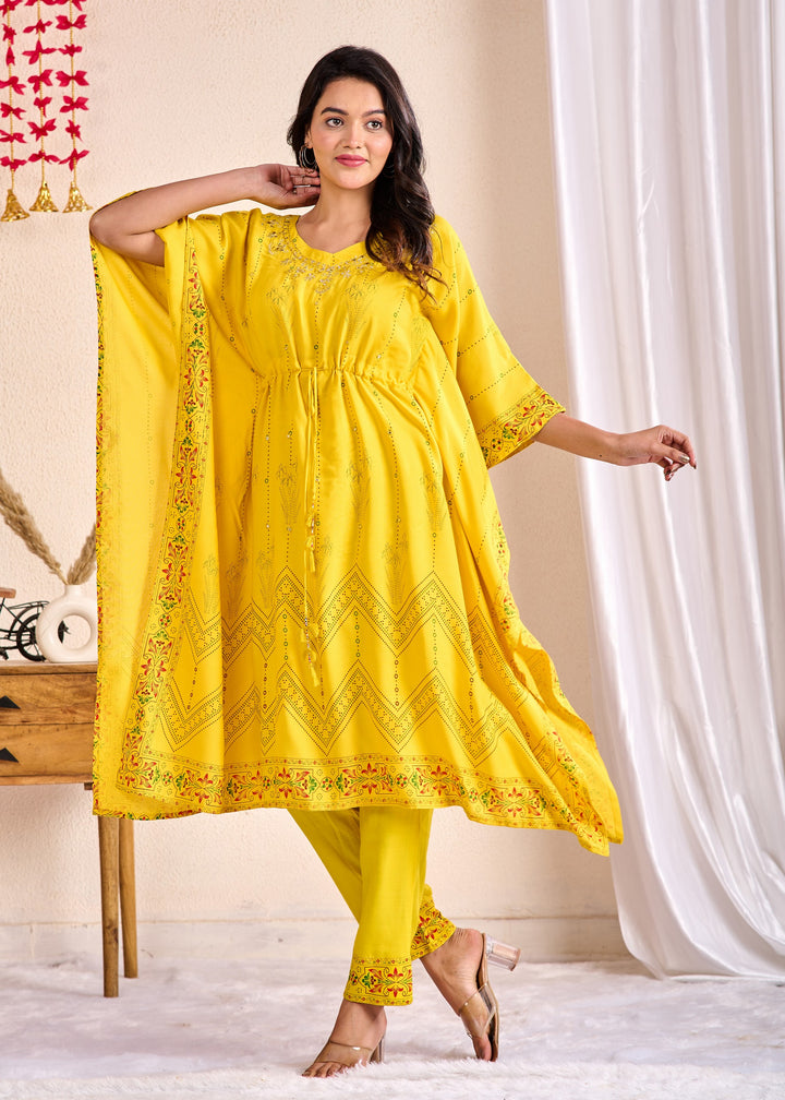 Western Wear Cotton Kaftan Kurta Set – Yellow with Zari, Mirror & Thread Work | 2-Piece Set