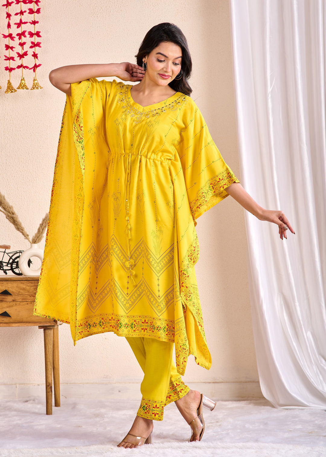 Western Wear Cotton Kaftan Kurta Set – Yellow with Zari, Mirror & Thread Work | 2-Piece Set