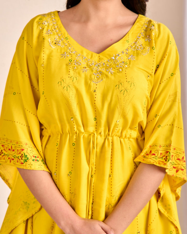 Western Wear Cotton Kaftan Kurta Set – Yellow with Zari, Mirror & Thread Work | 2-Piece Set