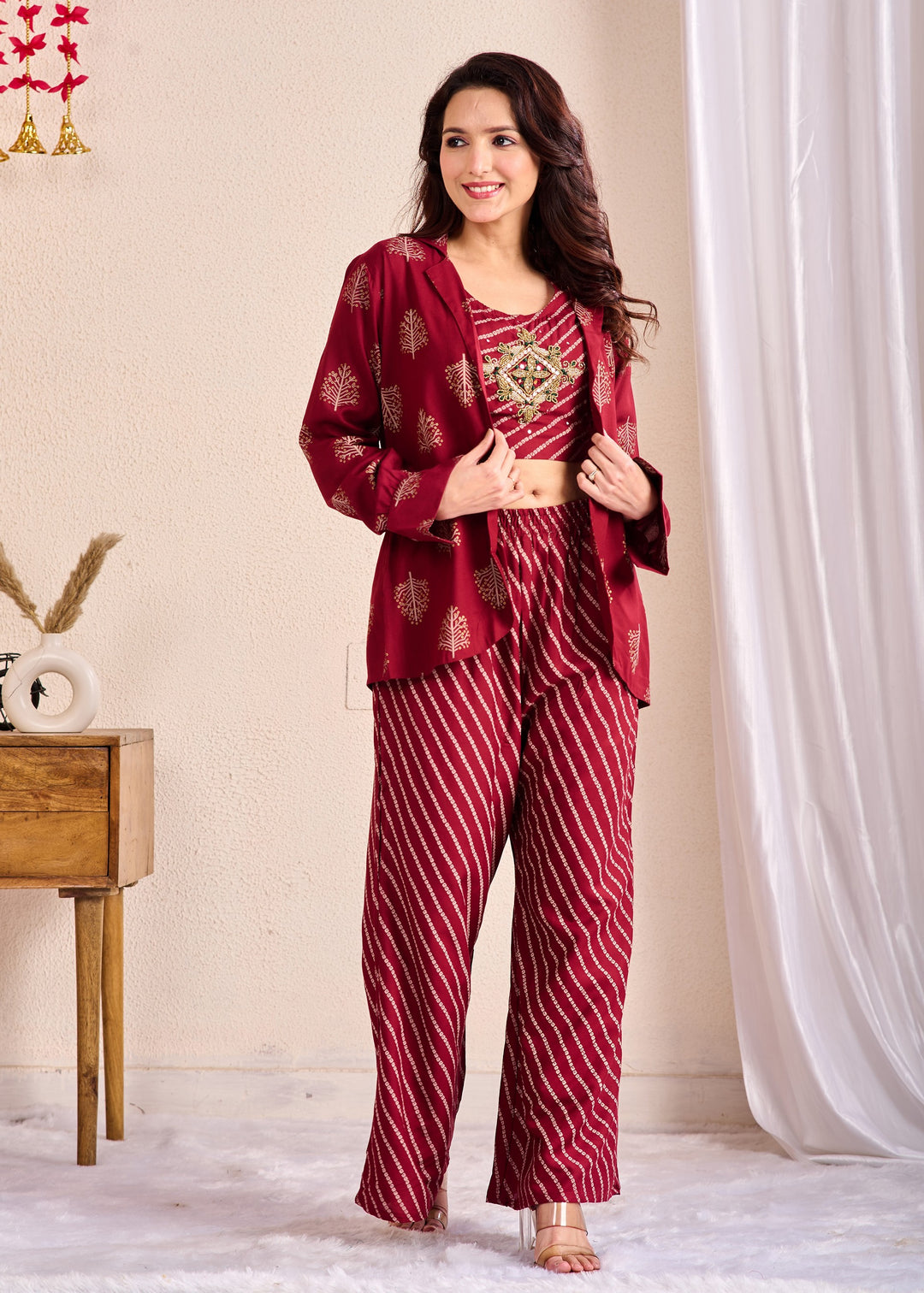 Stylish 3-Piece Rayon Co-Ord Set with Pearl, Pipe & Mirror Detailing