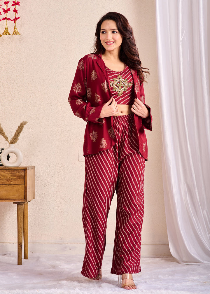Stylish 3-Piece Rayon Co-Ord Set with Pearl, Pipe & Mirror Detailing