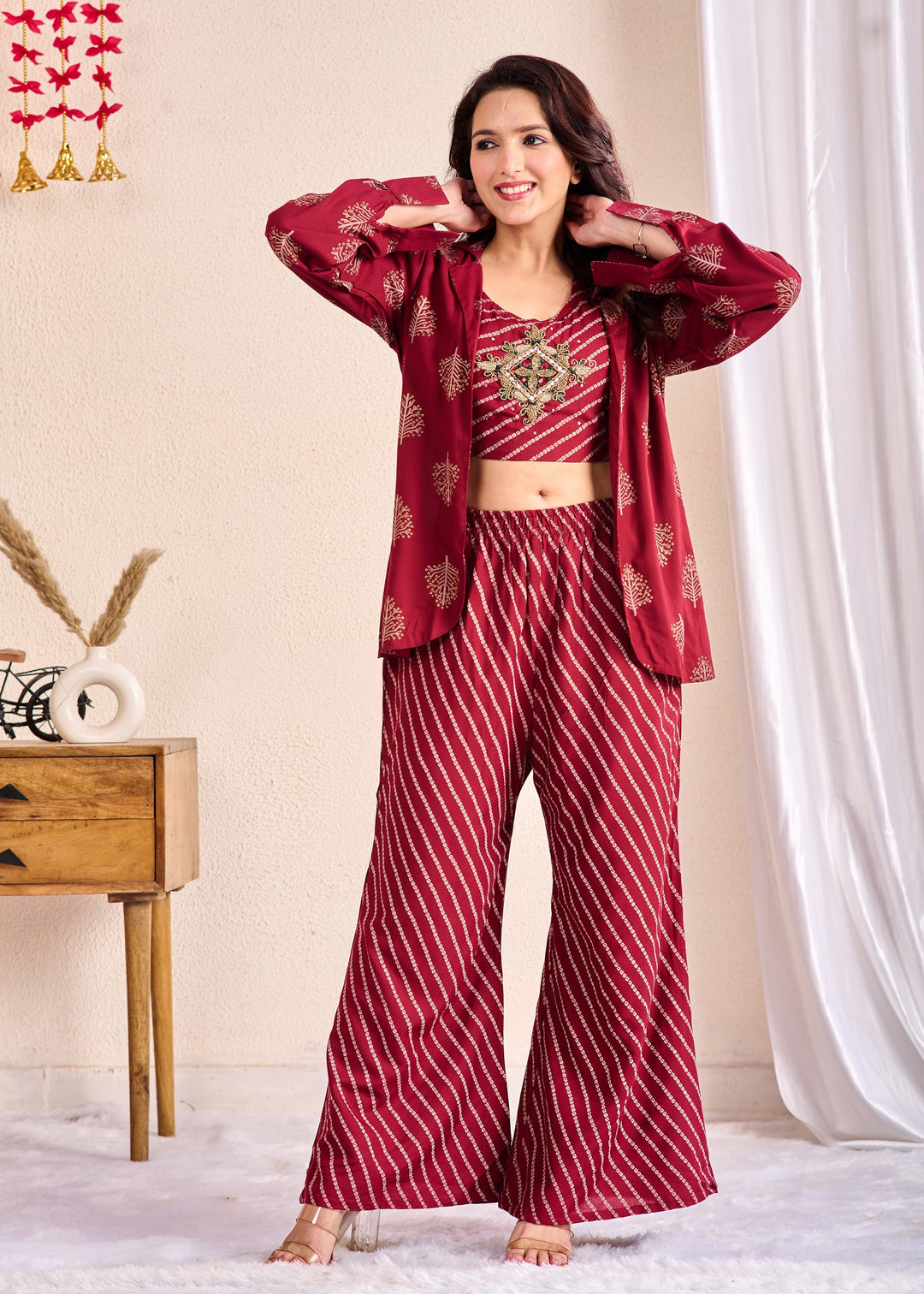 Stylish 3-Piece Rayon Co-Ord Set with Pearl, Pipe & Mirror Detailing