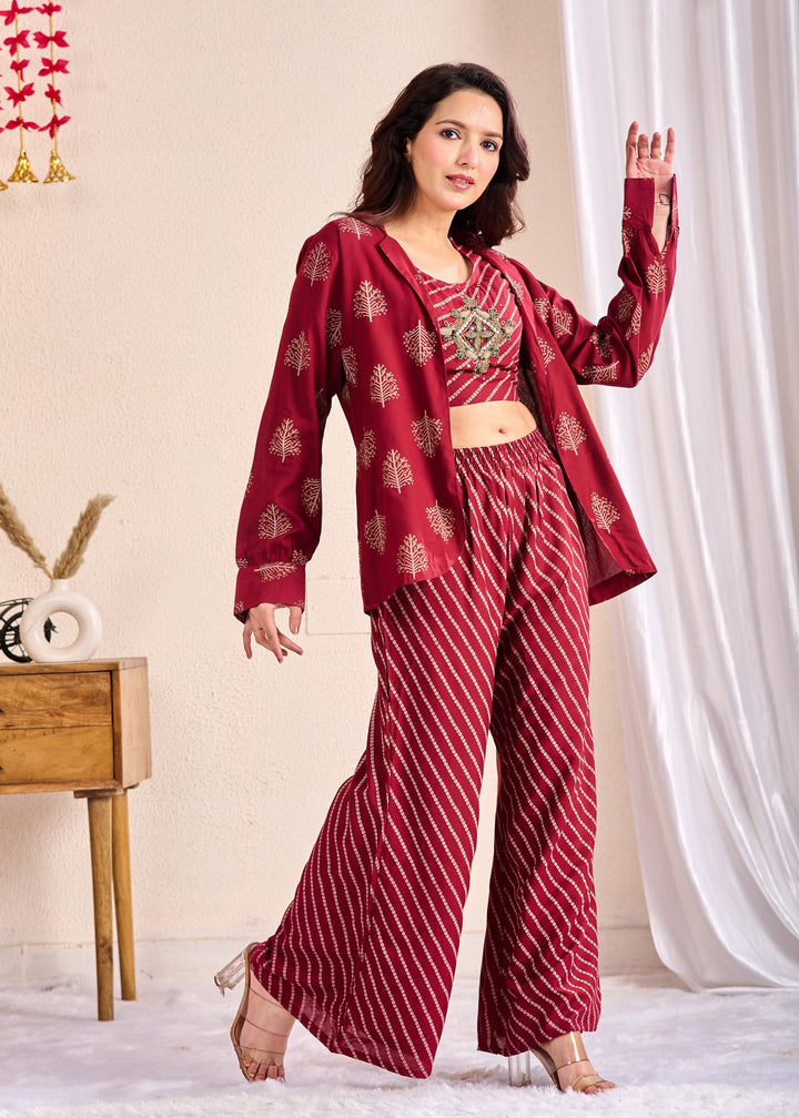 Stylish 3-Piece Rayon Co-Ord Set with Pearl, Pipe & Mirror Detailing