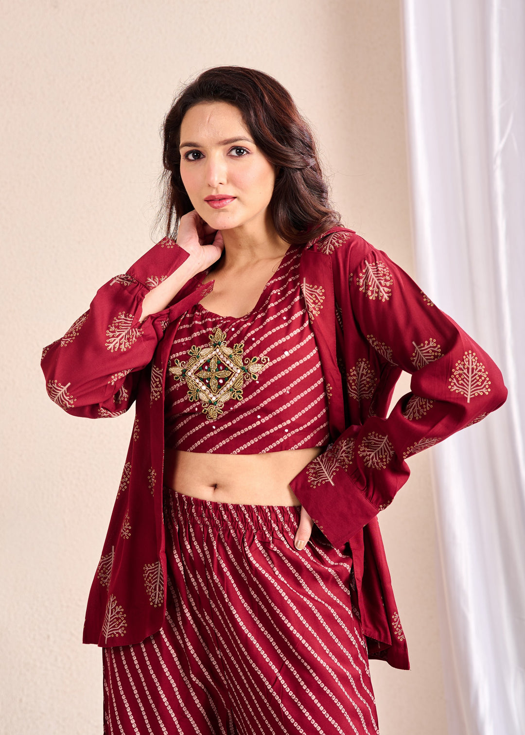 Stylish 3-Piece Rayon Co-Ord Set with Pearl, Pipe & Mirror Detailing