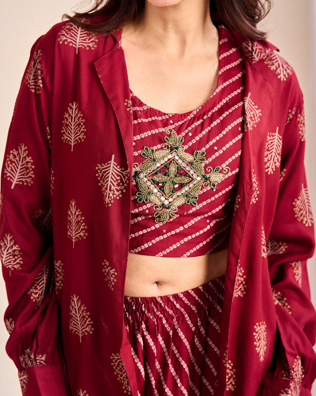 Stylish 3-Piece Rayon Co-Ord Set with Pearl, Pipe & Mirror Detailing