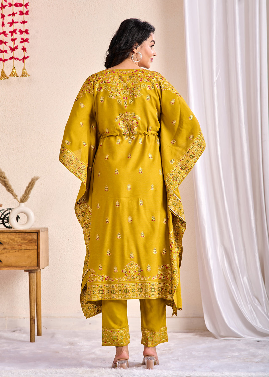 Olive Green Cotton Kaftan Kurta Set – 2 Piece Set with Zari, Mirror, and Thread Work