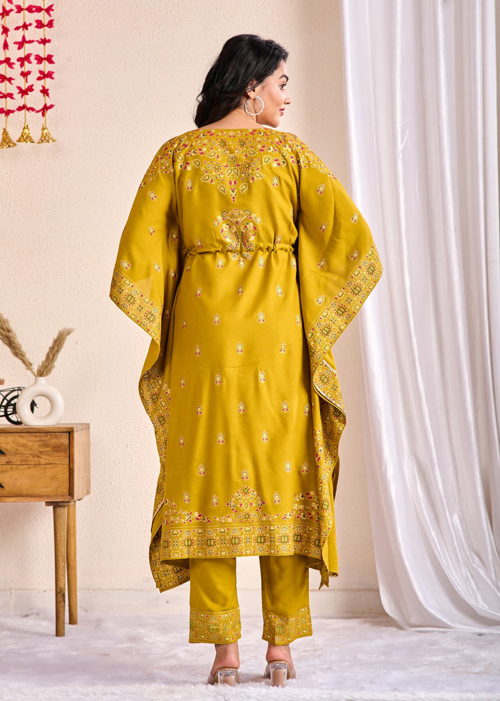 Olive Green Cotton Kaftan Kurta Set – 2 Piece Set with Zari, Mirror, and Thread Work