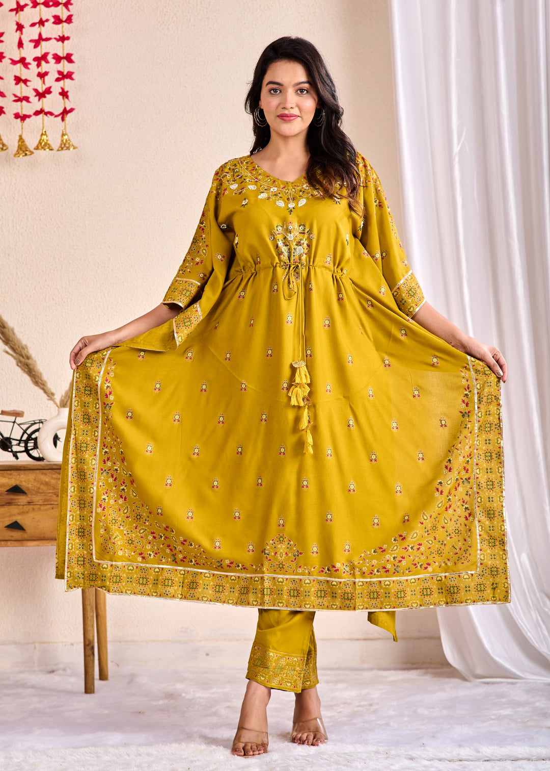 Olive Green Cotton Kaftan Kurta Set – 2 Piece Set with Zari, Mirror, and Thread Work