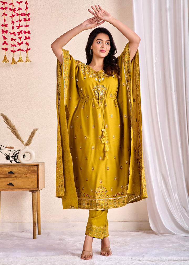 Olive Green Cotton Kaftan Kurta Set – 2 Piece Set with Zari, Mirror, and Thread Work
