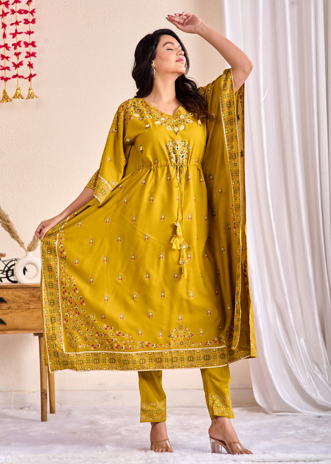 Olive Green Cotton Kaftan Kurta Set – 2 Piece Set with Zari, Mirror, and Thread Work