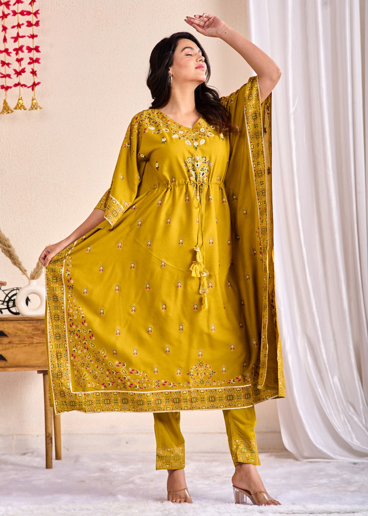 Olive Green Cotton Kaftan Kurta Set – 2 Piece Set with Zari, Mirror, and Thread Work