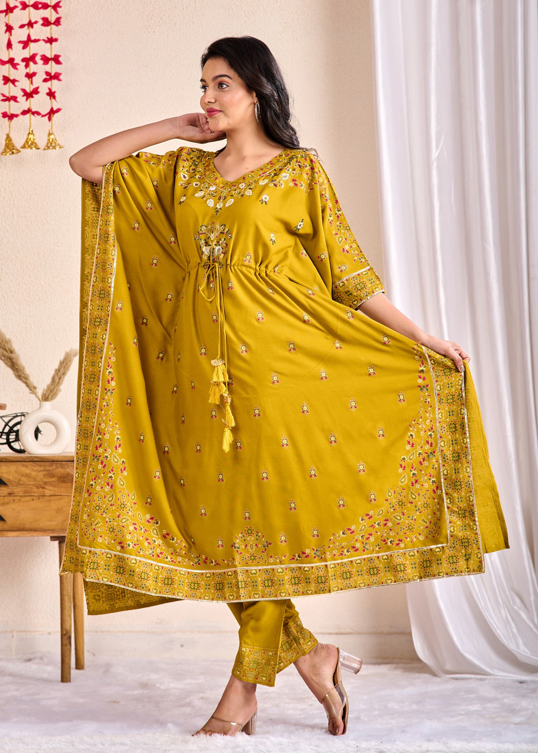 Olive Green Cotton Kaftan Kurta Set – 2 Piece Set with Zari, Mirror, and Thread Work