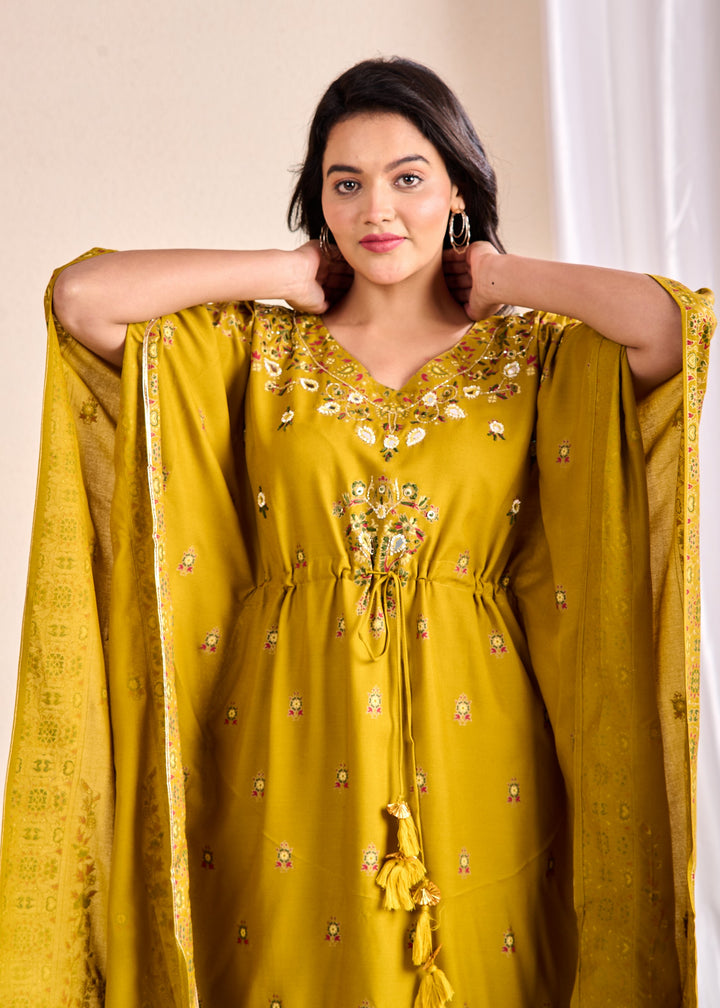 Olive Green Cotton Kaftan Kurta Set – 2 Piece Set with Zari, Mirror, and Thread Work