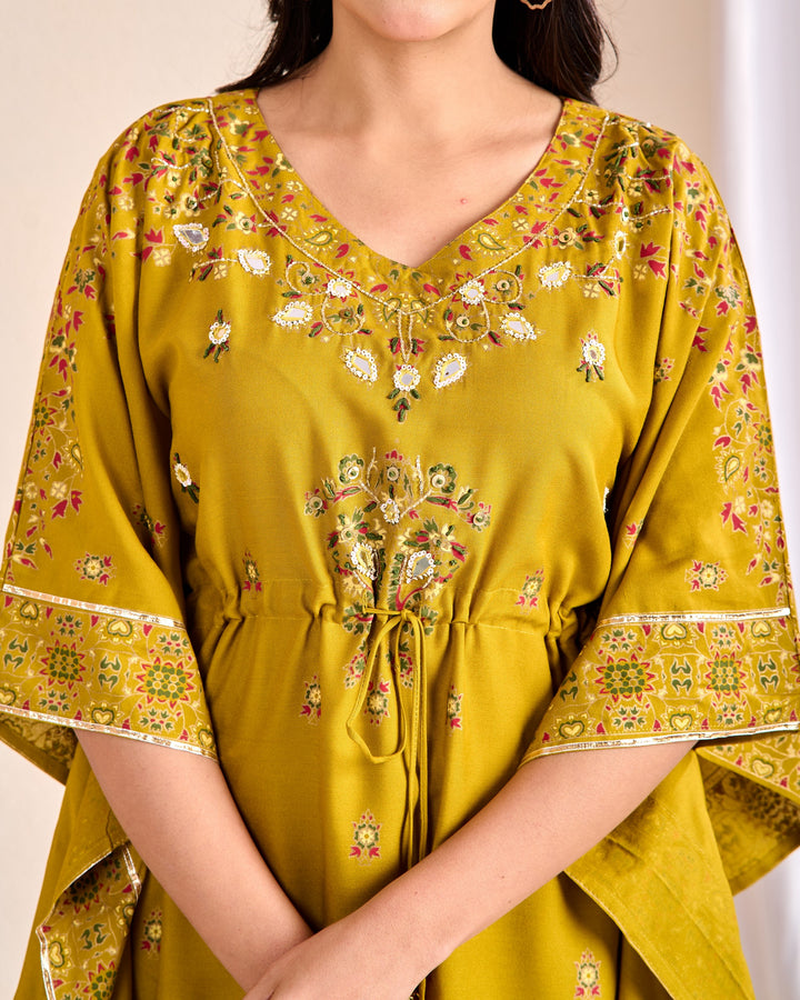Olive Green Cotton Kaftan Kurta Set – 2 Piece Set with Zari, Mirror, and Thread Work