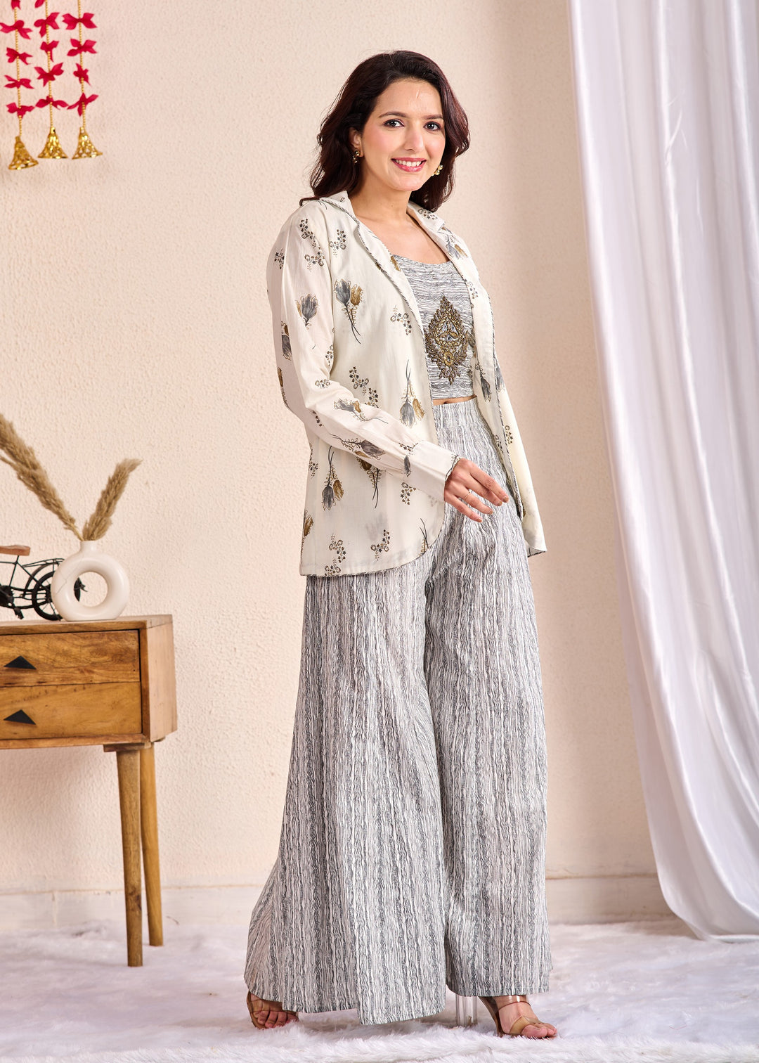 Stylish 3-Piece Cotton Co-Ord Set with Mirror and Pearl Detailing